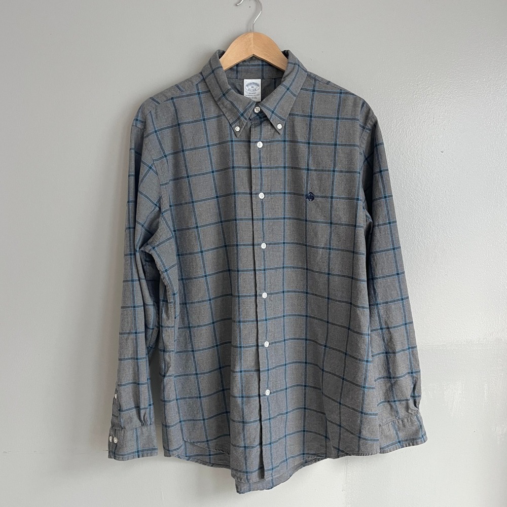 Brooks Brothers Regent Flannel Button Down Shirt Gray Blue Windowpane XL